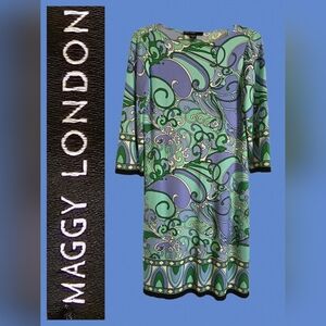 Maggy London Lavender/Green/White Print Boat Neckline 3/4 Sleeve Dress, Size 2